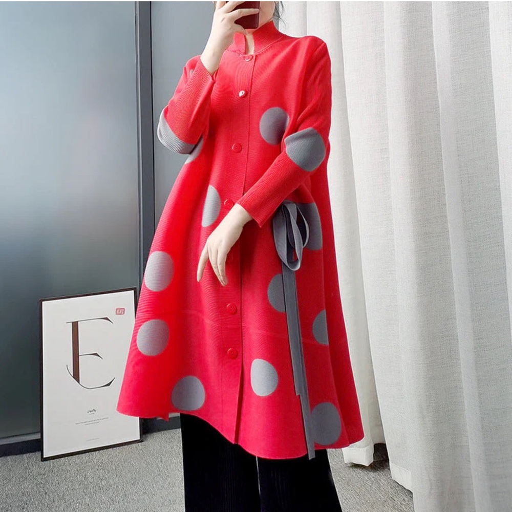 ShopEvelynne Red Polka Dot A-Line Coat with Gray Accents